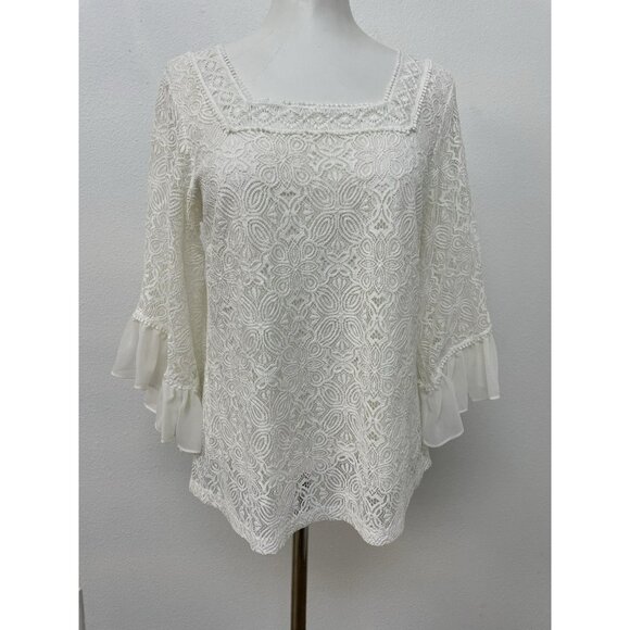 White House Black Market Lined White Lace Top Chiffon Ruffle Sleeves Sze S - Picture 2 of 16